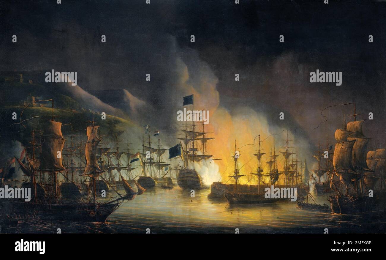 Bombardement von Algier von der United Anglo-niederländischen Naval Squadron 1816 von Martinus Schouman, 1823, niederländische Malerei, Öl auf Leinwand. Der Streik war es, die Freilassung der Gefangenen Europäer von den nordafrikanischen Staaten Barbary (BSLOC_2016_2_233) Stockfoto
