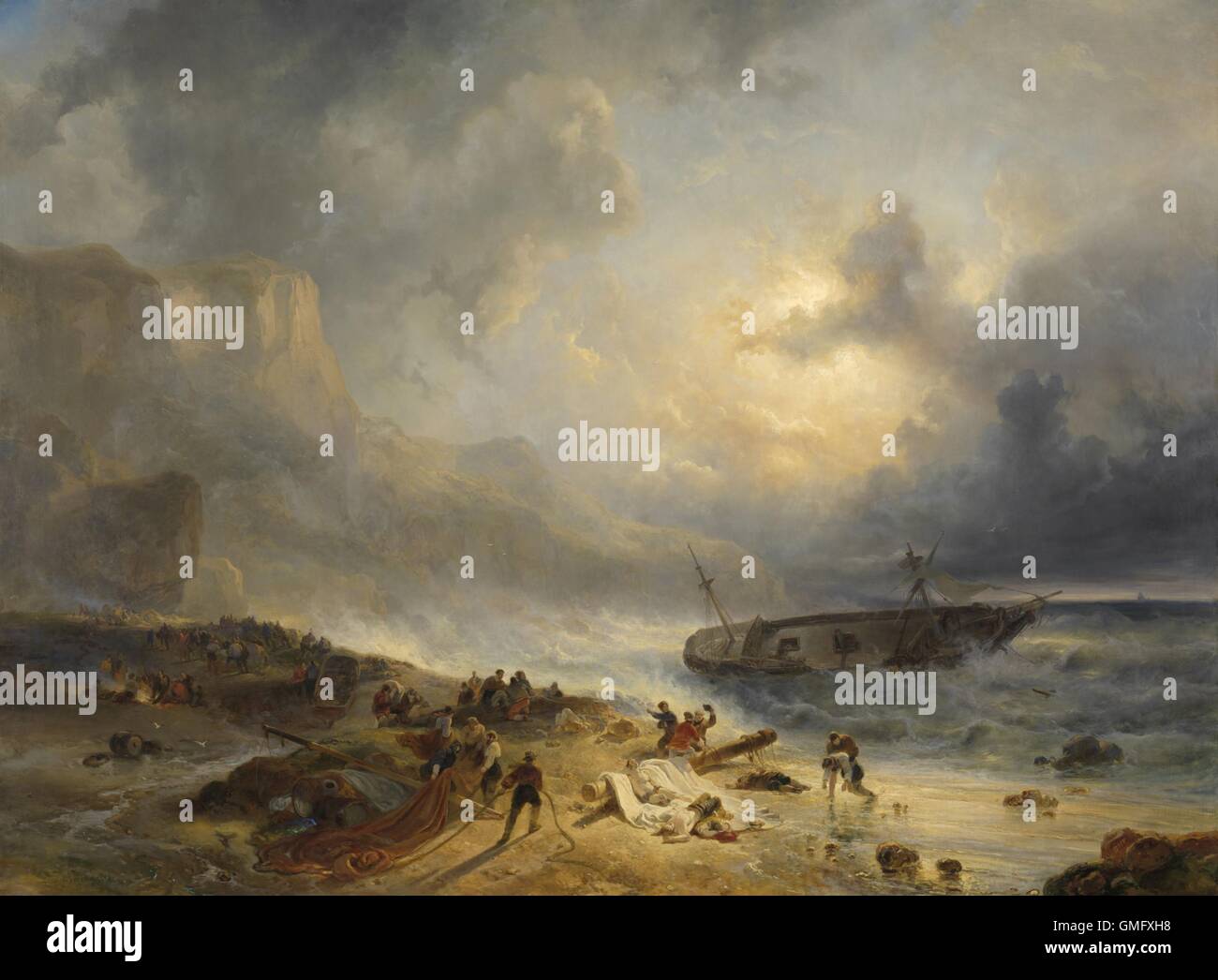 Schiffbruch vor ein Rocky-Küste von Wijnand Nuijen, c. 1837, niederländische Malerei, Öl auf Leinwand. Nachdem ein Dreimaster Schiff untergegangen und Stockfoto