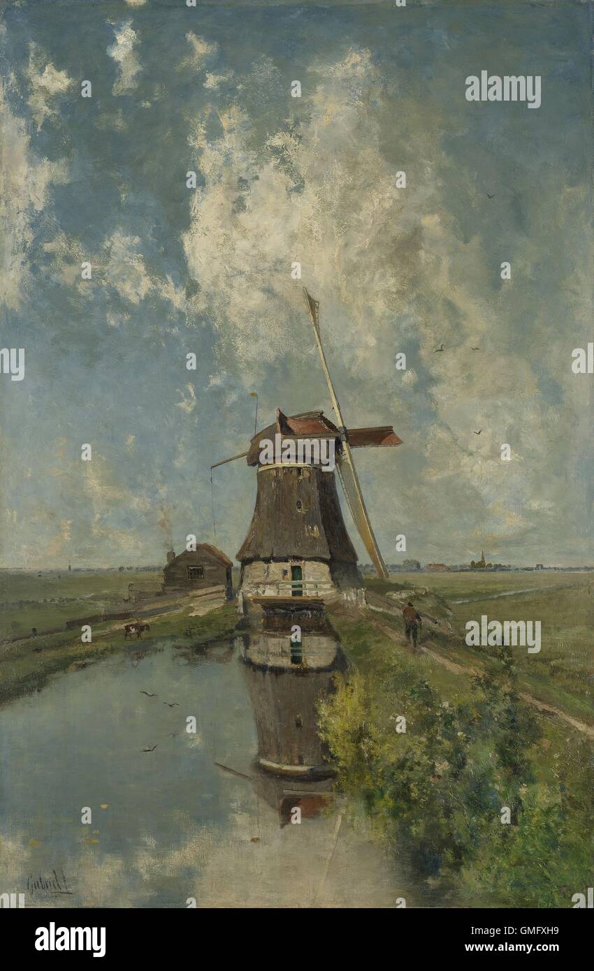 Eine Windmühle auf einem Polder Wasserstraße, bekannt als "In den Monat Juli", von Paul Gabriel, c. 1889, niederländische Malerei, Öl auf Leinwand. Gabriel malte dieses Sommerlandschaft mit hellen, satte Farbe (BSLOC 2016 2 24) Stockfoto