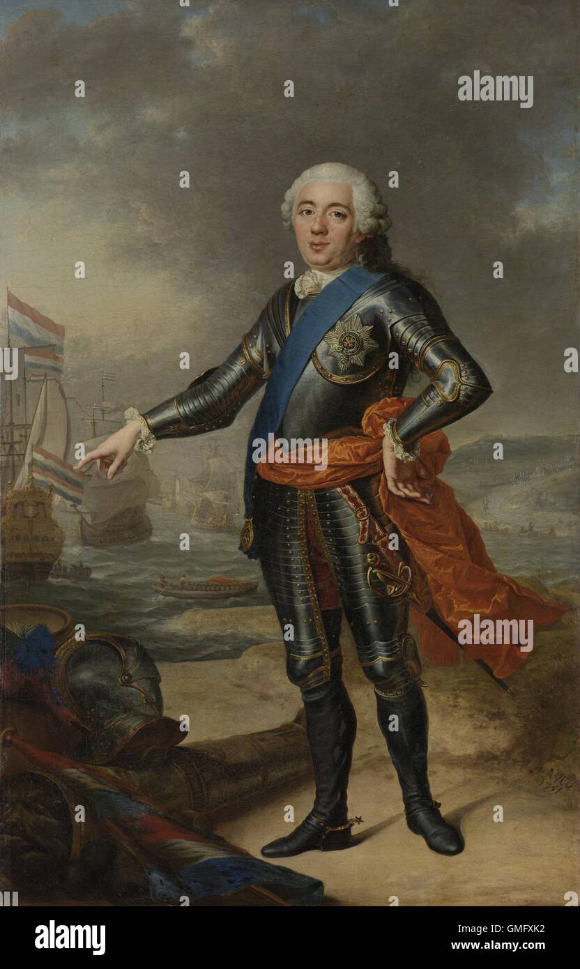 Porträt von William IV, Aved Jacques-André-Joseph, 1751, niederländische Malerei, Öl auf Leinwand. Prinz von Oranien-Nassau in Rüstung in einer Küstenlandschaft mit Schiffen im Hintergrund. Er war der erste erbliche Statthalter der Vereinigten Provinzen (BSLOC 2016 2 250) Stockfoto