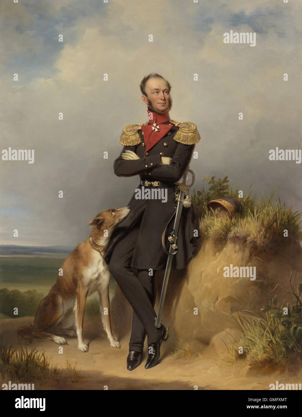 Wilhelm II., König der Niederlande, von Jan Adam Kruseman, 1839, niederländische Malerei, Öl auf Leinwand. Eine militärische Uniform tragen, ist er mit seinem Hund auf Sanddünen (BSLOC 2016 2 261) Stockfoto