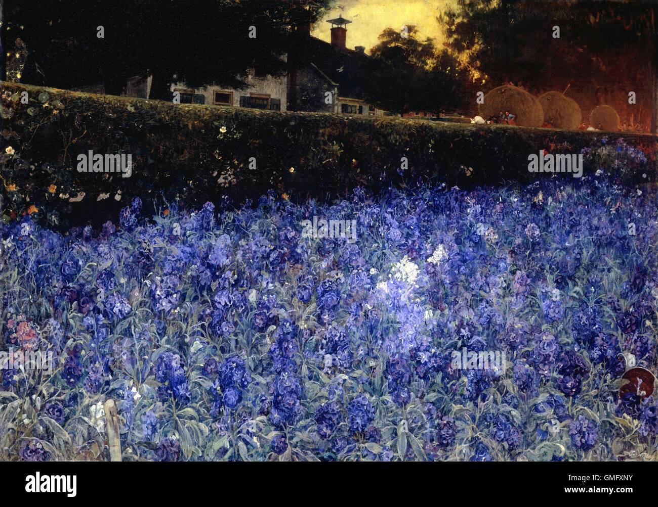 Sommer Üppigkeit, durch Jac van Looij, c. 1890-1910, niederländische Malerei, Öl auf Leinwand. Bett aus blau-violetten Blüten gegen die Wand einer Hochstraße mit Häusern und drei Pferden gezogenen Heu Wagen (BSLOC 2016 2 274) Stockfoto