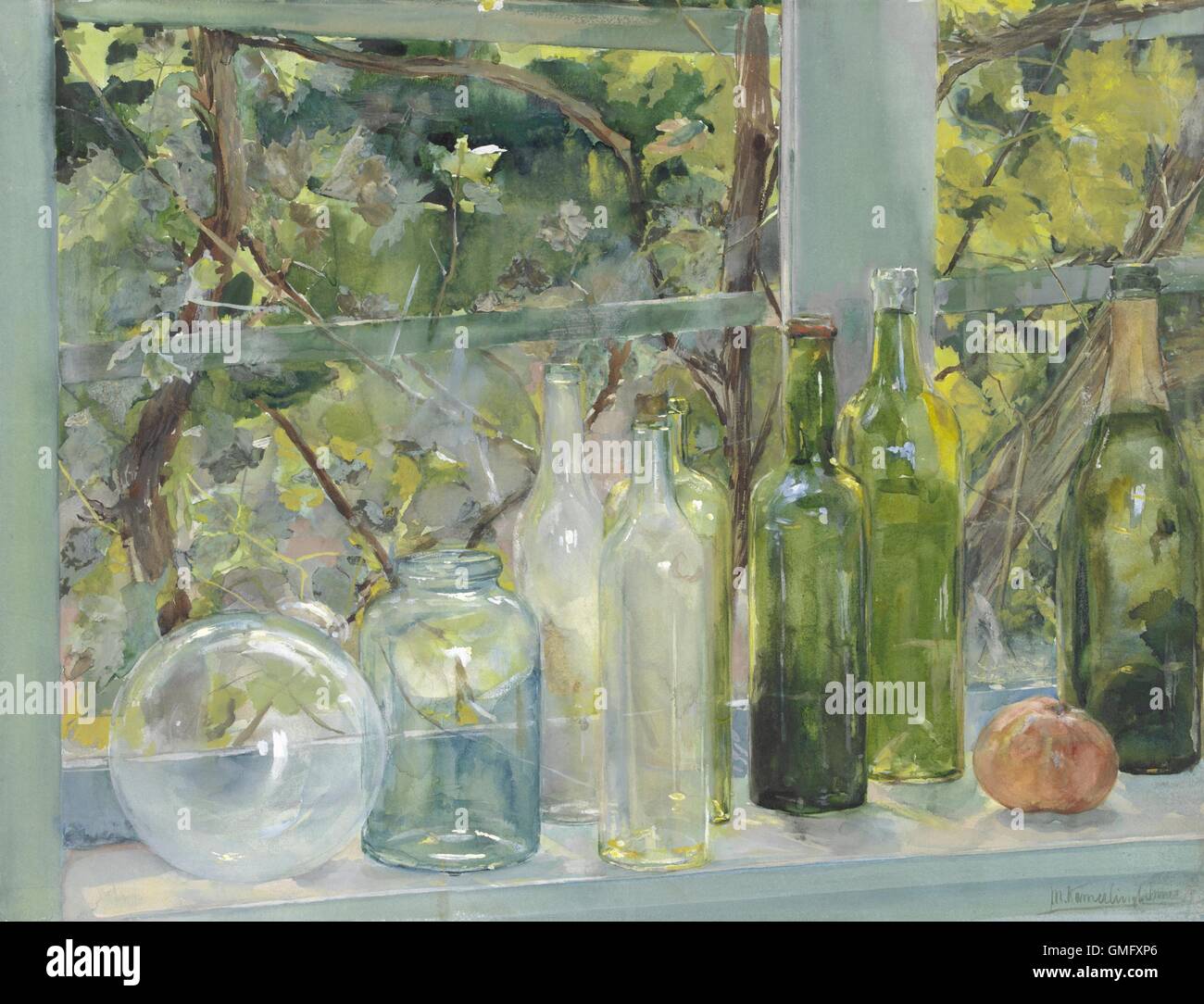 Fensterbank mit Flaschen, eine Glaskugel und einen Apfel von Menso Kamerlingh Onnes, c. 1892, niederländische Aquarell Malerei (BSLOC 2016 2 278) Stockfoto