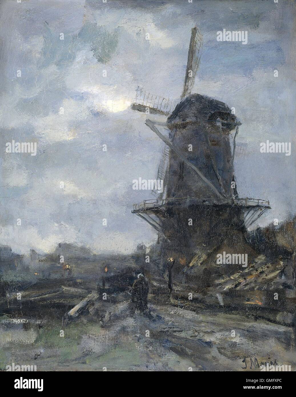 Mühle bei Mondschein. Von Jacob Maris, c. 1899, holländische Malerei, Öl auf Leinwand. Windmühle im Vordergrund auf einem Feldweg mit eine einsame Figur, die zu Fuß in der Nähe von Laternen (BSLOC 2016 2 28) Stockfoto