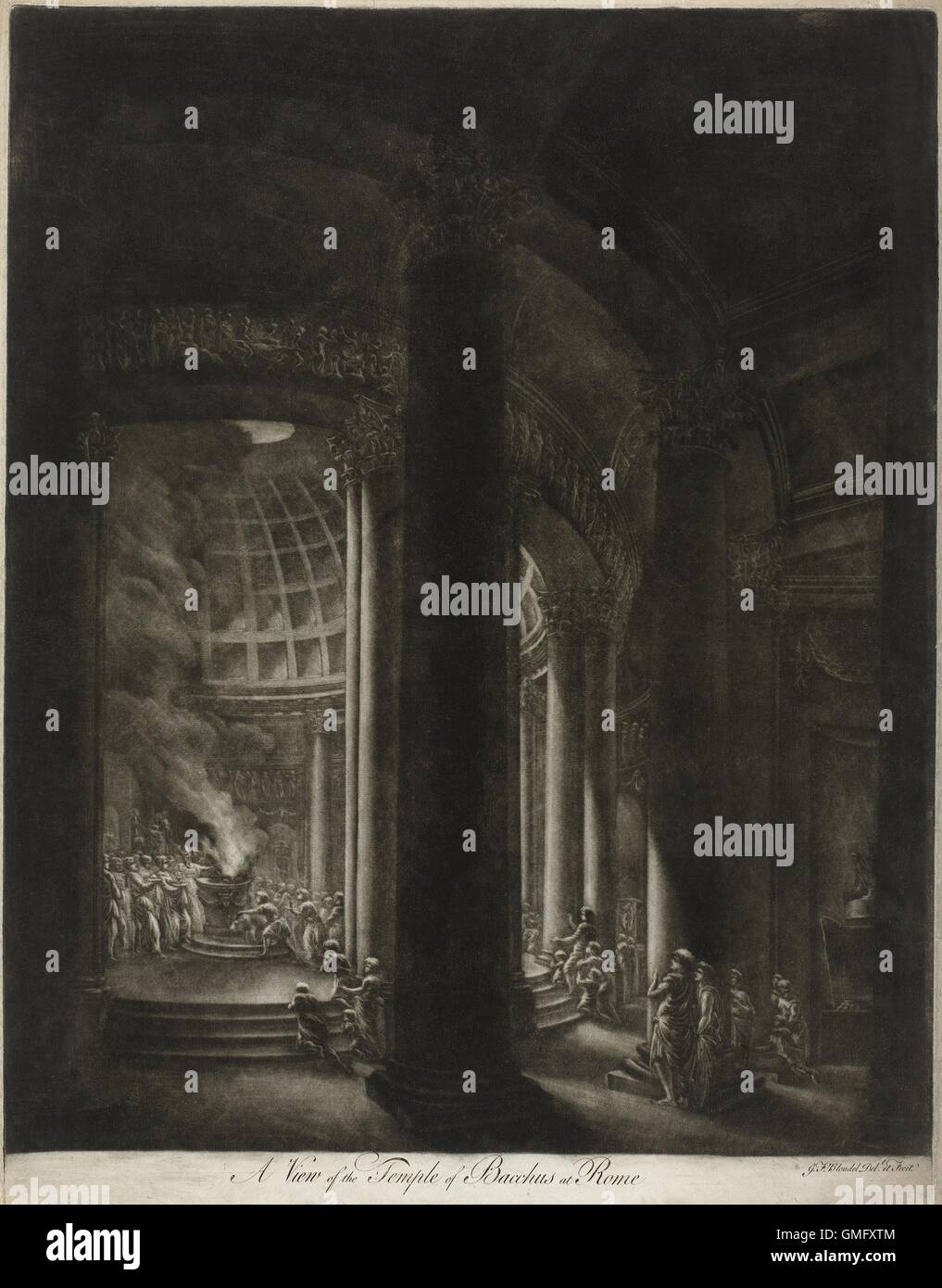 Blick auf den Bacchus-Tempel in Rom, von Jacques François Blondel, 1760 s, Französisch drucken, Schabkunst. Blick vom Eingangsbereich in einen Tempel mit einer hemisphärische Kuppel, ähnlich wie das Pantheon in Rom. (BSLOC 2016 2 296) Stockfoto