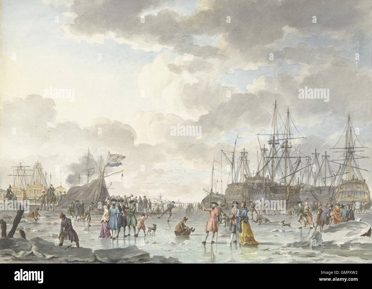 Frost Fair auf einem gefrorenen Fluss mit Schiffen, Hendrik Kobell, 1773, niederländische Aquarellmalerei. 18. Jahrhundert städtischen Leute Skaten und Stockfoto