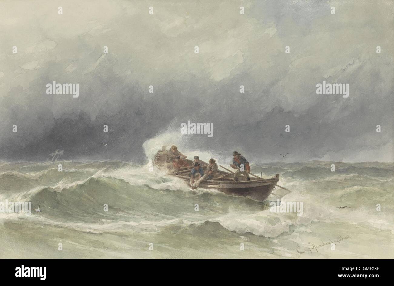 Rettung auf See, von Jacob Eduard van Heemskerck van Beest, c. 1850-90, niederländische Aquarell Malerei. Sechs Mann Ruderboot zieht einen Seemann im Ausland im Sturm geblasen offene Meer (BSLOC 2016 2 33) Stockfoto