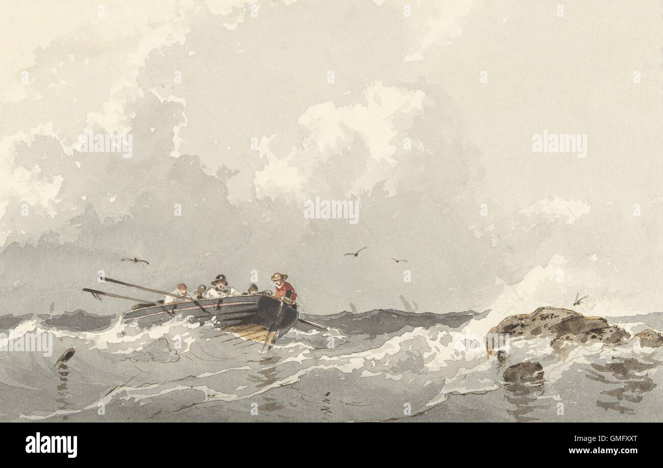 Ruderboot auf dem Meer, durch Frans Arnold Breuhaus de Groot, ca. 1840-70, niederländische Aquarell. Fünf Seeleute in kleinen Boot in der Nähe von einem Felsen (BSLOC 2016 2 36) Stockfoto