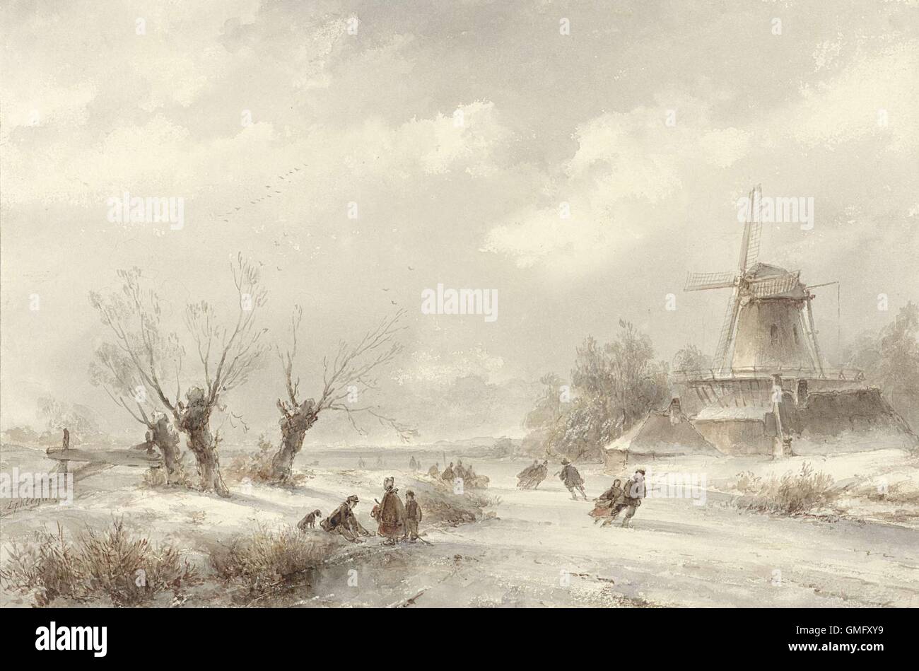 Winterlandschaft mit Skatern durch eine Windmühle von Lodewijk Johannes Kleijn, c. 1850-90. Niederländische Aquarellmalerei. Paare und Familien ice skating (BSLOC 2016 2 4) Stockfoto