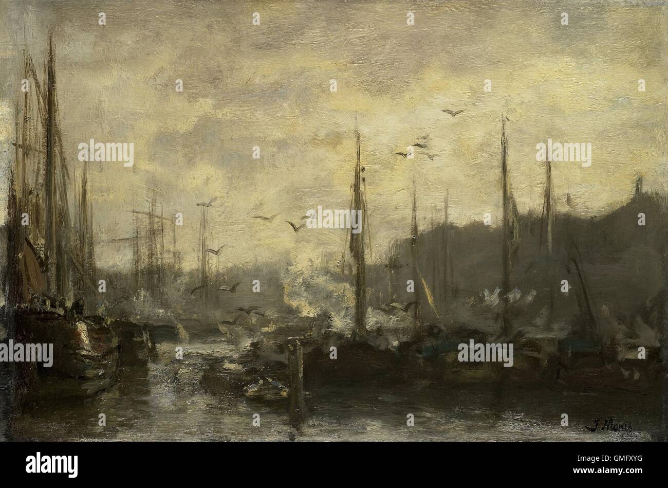 Blick auf den Hafen, Jacob Maris, c. 1887, niederländische Malerei, Öl auf Leinwand. Möwen fliegen über die Masten der festgemachten Boote (BSLOC 2016 2 44) Stockfoto