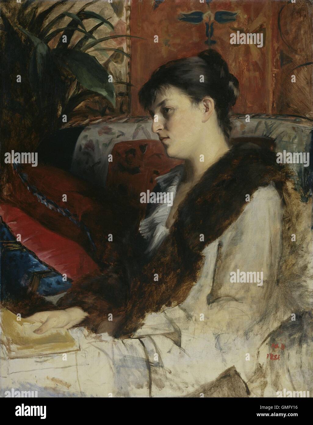 Der Künstler Schwägerin, durch Marie Constantine Bashkirtseff, 1881, niederländische Malerei, Öl auf Leinwand. Alexandrine Patchenko sitzen auf einem Sofa mit einem Buch in der rechten Hand. Der untere Teil des Gemäldes uns unvollendet (BSLOC 2016 2 55) Stockfoto