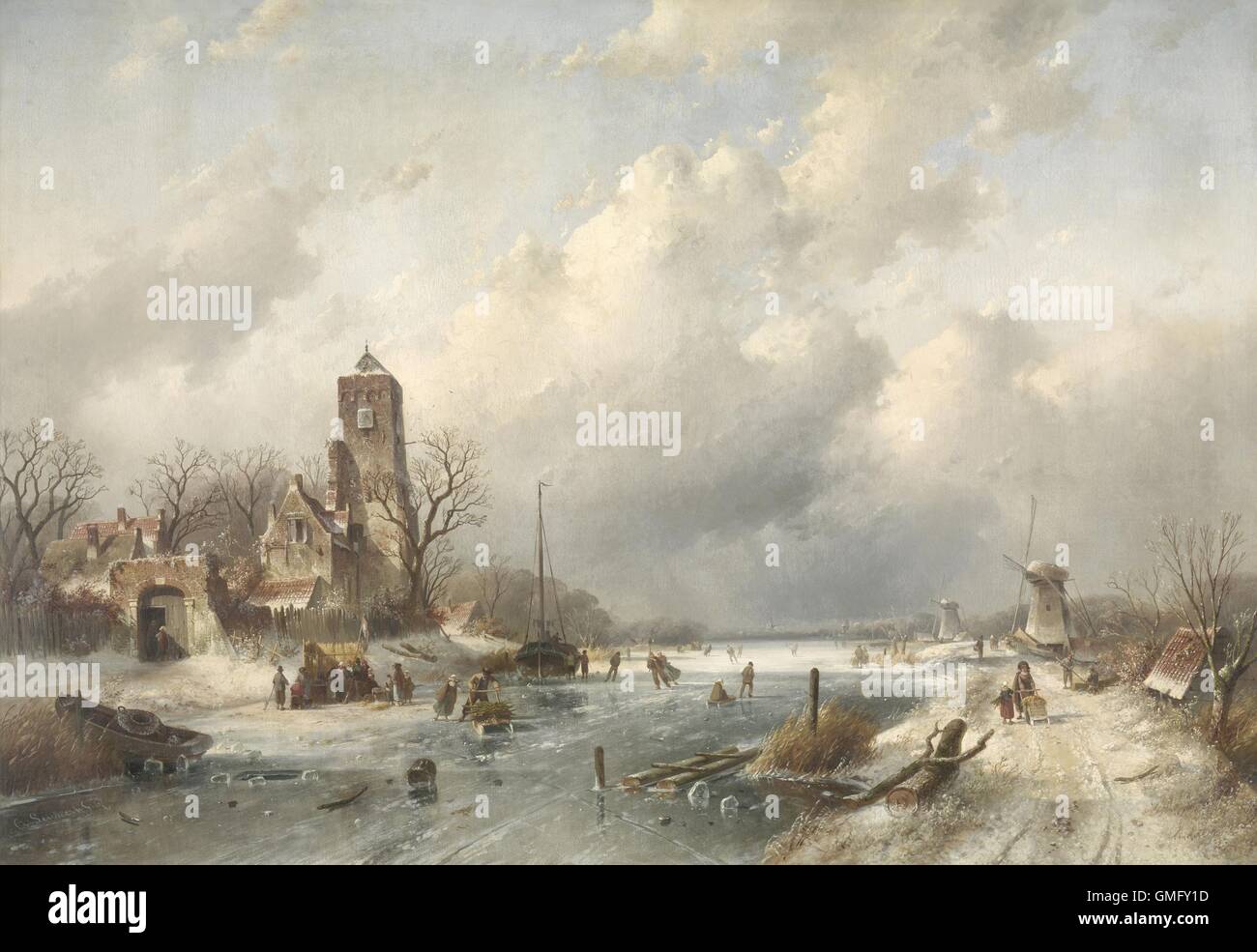 Winter-Szene, Charles Leickert, 1867, belgische Ölgemälde auf Leinwand. Gefrorenen Kanal außerhalb eines Dorfes, mit Menschen mit Rodeln, Eislaufen, und zu Fuß auf dem Eis zu gehen über ihre täglichen Aktivitäten. In der Nähe der Kirche ist ein Vender Stall ein niederländischer Flagge (BSLOC 2016 2 6) fliegen Stockfoto