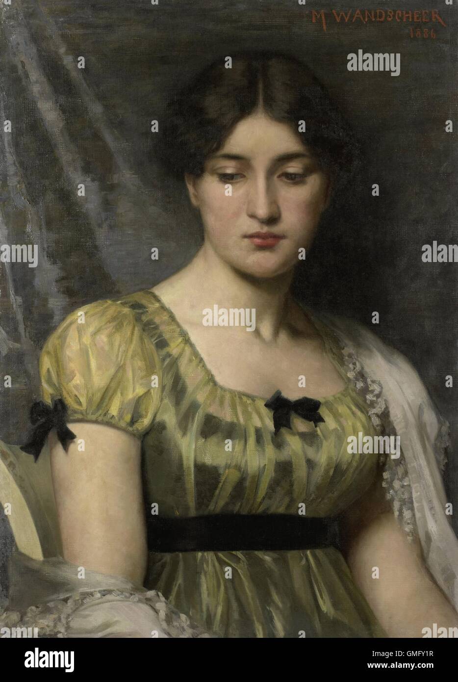 Porträt einer jungen Frau, von Marie Wandscheer, 1886, niederländische Malerei, Öl auf Leinwand. Modell mit niedergeschlagenen Augen, trägt eine hohe Taille grüne Kleid mit kurzen Ärmeln (BSLOC 2016 2 61) Stockfoto