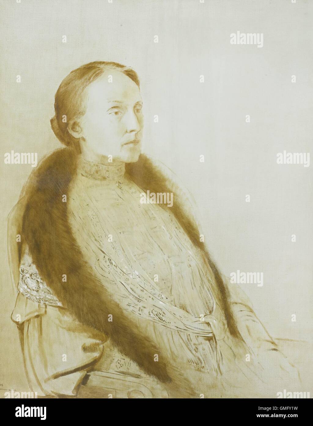 Porträt von A.M.L. Bonger-van der Linden, von Odilon Redon, 1905, französische Malerei, Öl auf Leinwand. Monochrome Malerei der Ehefrau des Kunstsammlers Andrc Bonger (BSLOC 2016 2 62) Stockfoto