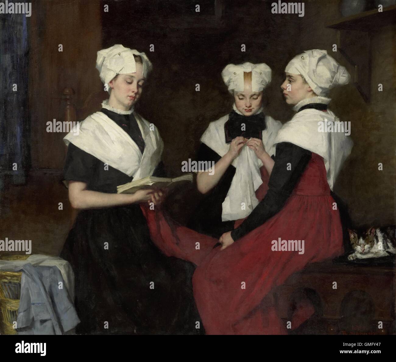 Drei Mädchen aus dem Waisenhaus Amsterdam, von Therese Schwartze, 1885, niederländische Malerei, Öl auf Leinwand. Man liest aus einem Buch als ein anderes hört, während die dritte Nähen (BSLOC 2016 2 77) ist Stockfoto
