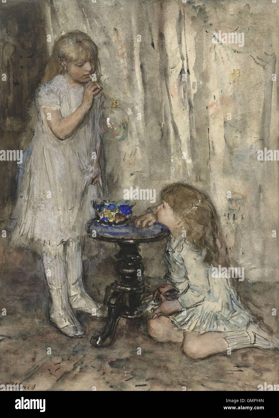 Zwei Mädchen bläst Seifenblasen, Jacob Maris, ca. 1880, niederländische Aquarell malen. Zwei seiner Töchter, wahrscheinlich Tine und Stockfoto