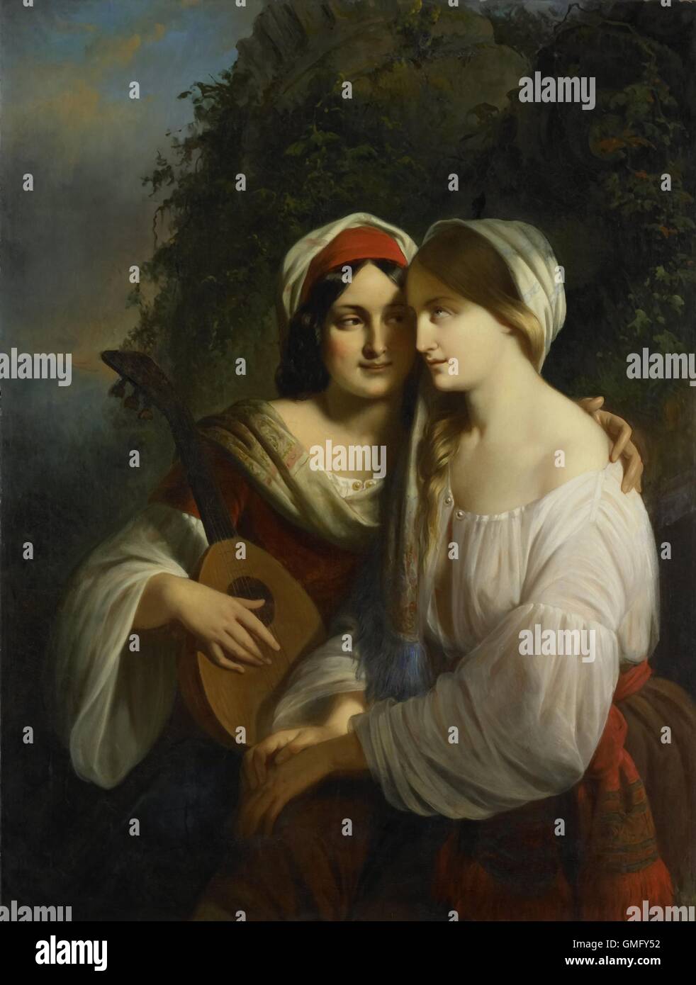 Zwei junge Frauen in italienischen Kostümen von Moritz Calisch, 1851, niederländische Malerei, Öl auf Leinwand. Die Frau hält die laute legt man Stockfoto