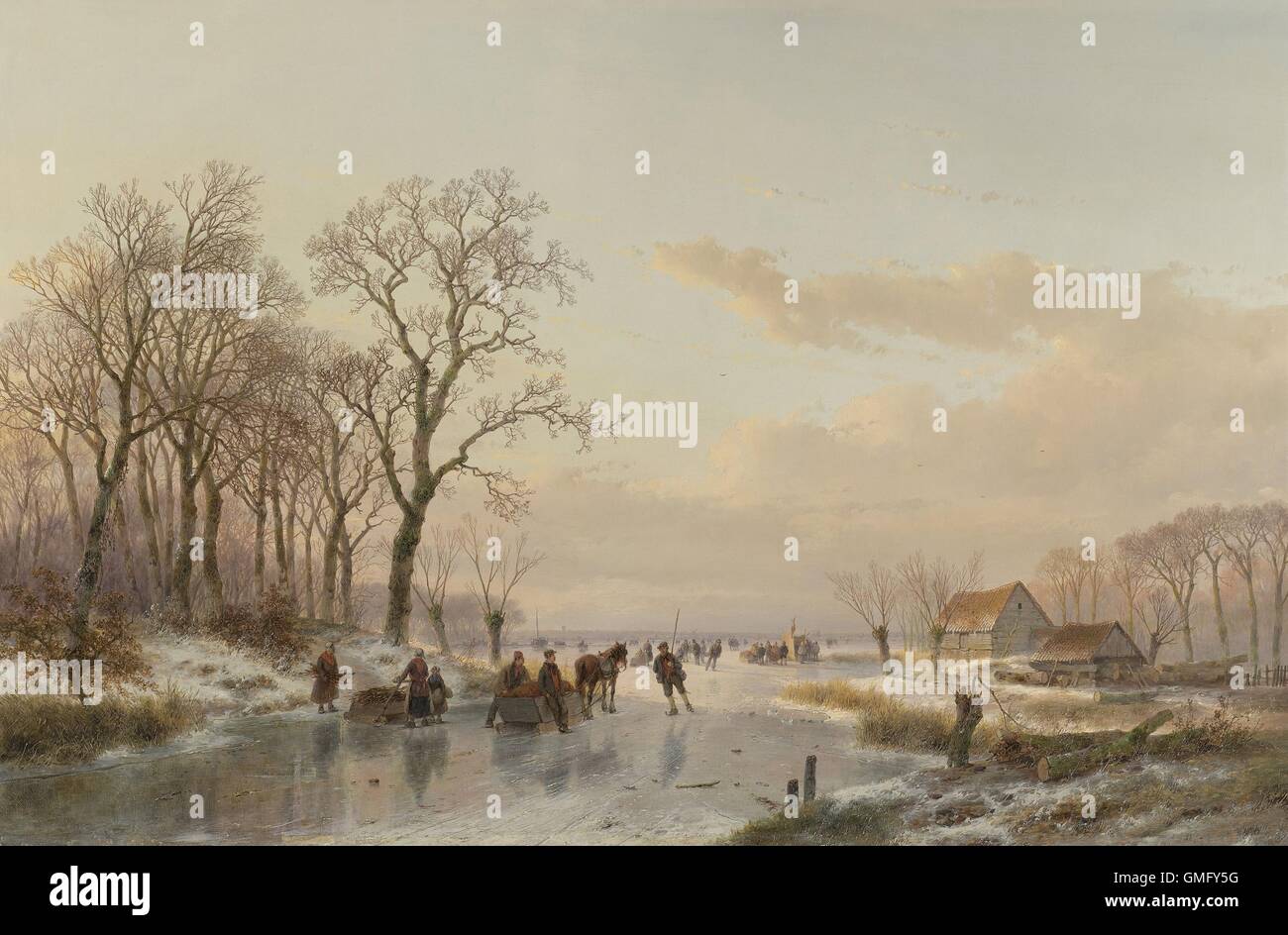 Eine gefrorene Kanal in der Nähe von the Fluss Maas, von Andreas Schelfhout, 1867, niederländische Malerei, Öl auf Leinwand. Winter-Szenen mit verschiedenen Leuten auf dem Eis auf Schlittschuhen, mit Schlitten eingefroren. In der Nähe der Scheune ist eines Kreditors Stall ein niederländischer Flagge (BSLOC 2016 2 9) fliegen Stockfoto