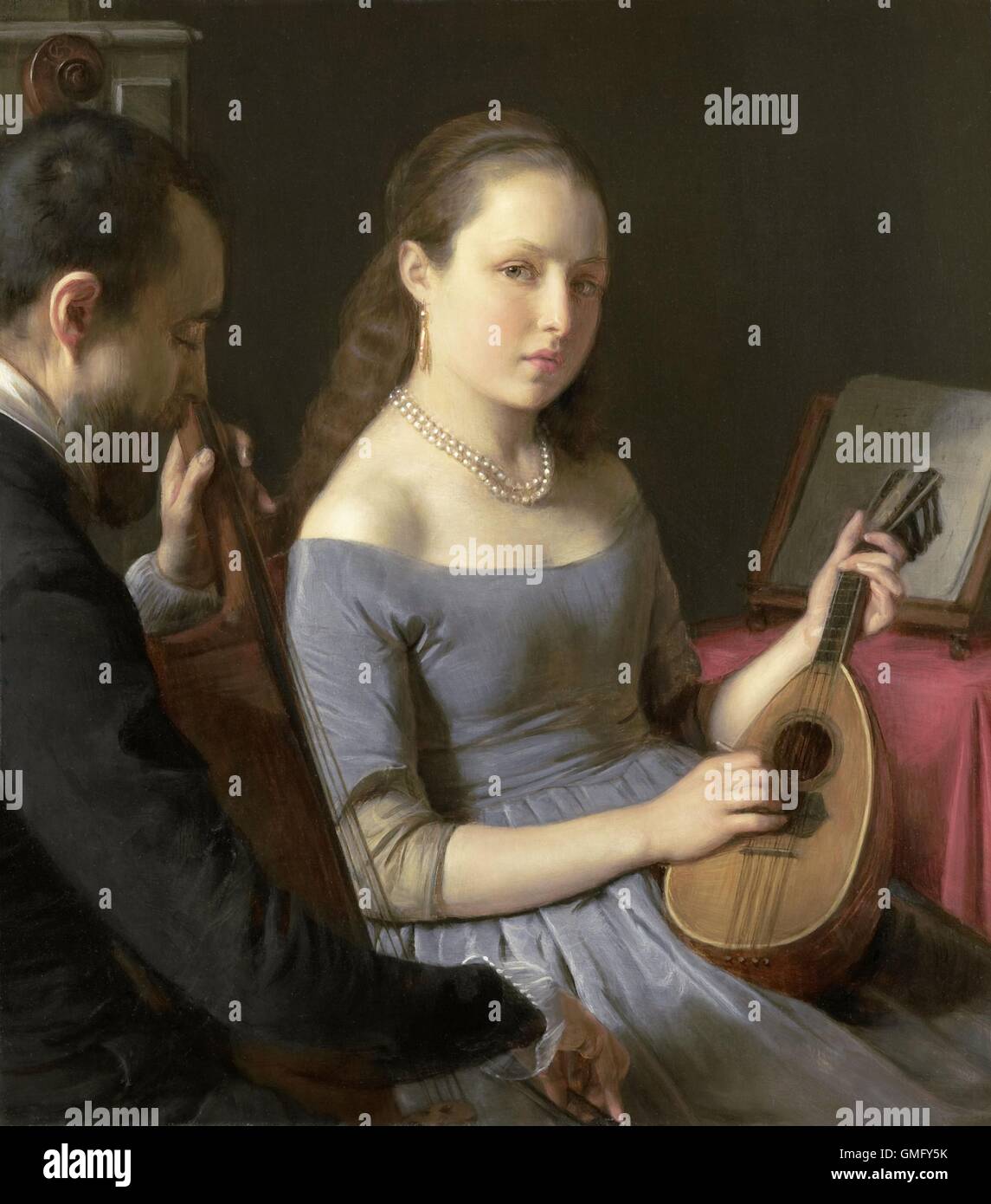 Das Duett von Charles van Beveren, 1830-50, niederländische Malerei, Öl auf Holz. Eine junge Frau spielt eine laute mit einem Mann auf einem Cello (BSLOC 2016 2 91) Stockfoto