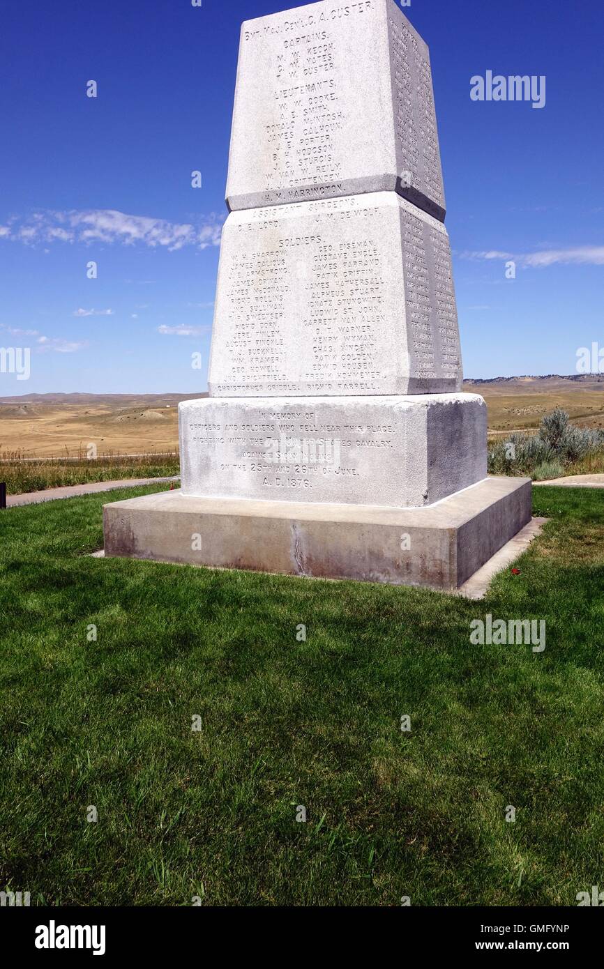 Steinigen Sie Monument auf Last Stand Hill, Little Bighorn Battlefield National Monument, Montana Stockfoto