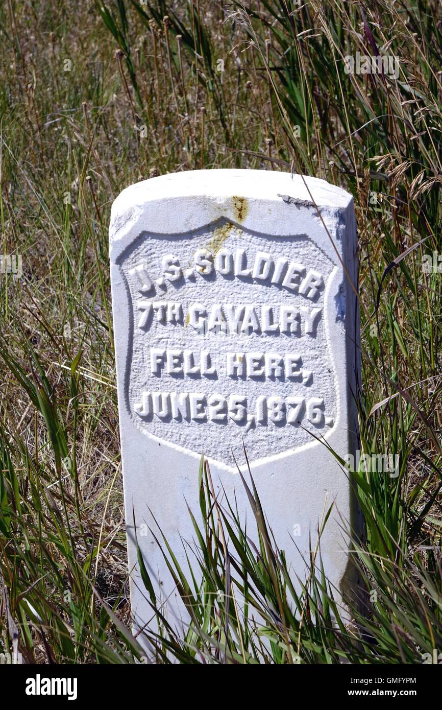 Markierung zeigt, wo ein unbekannter Soldat fiel während der Schlacht von Little Bighorn, Little Bighorn Battlefield National M Stockfoto