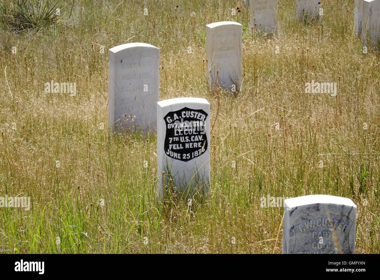 Stein-Markierungen zeigen, wo Soldaten der Armee fiel, Schlacht von Little Bighorn. Lt. Colonel George A. Custer Stein ist ebenfalls vorhanden. Stockfoto