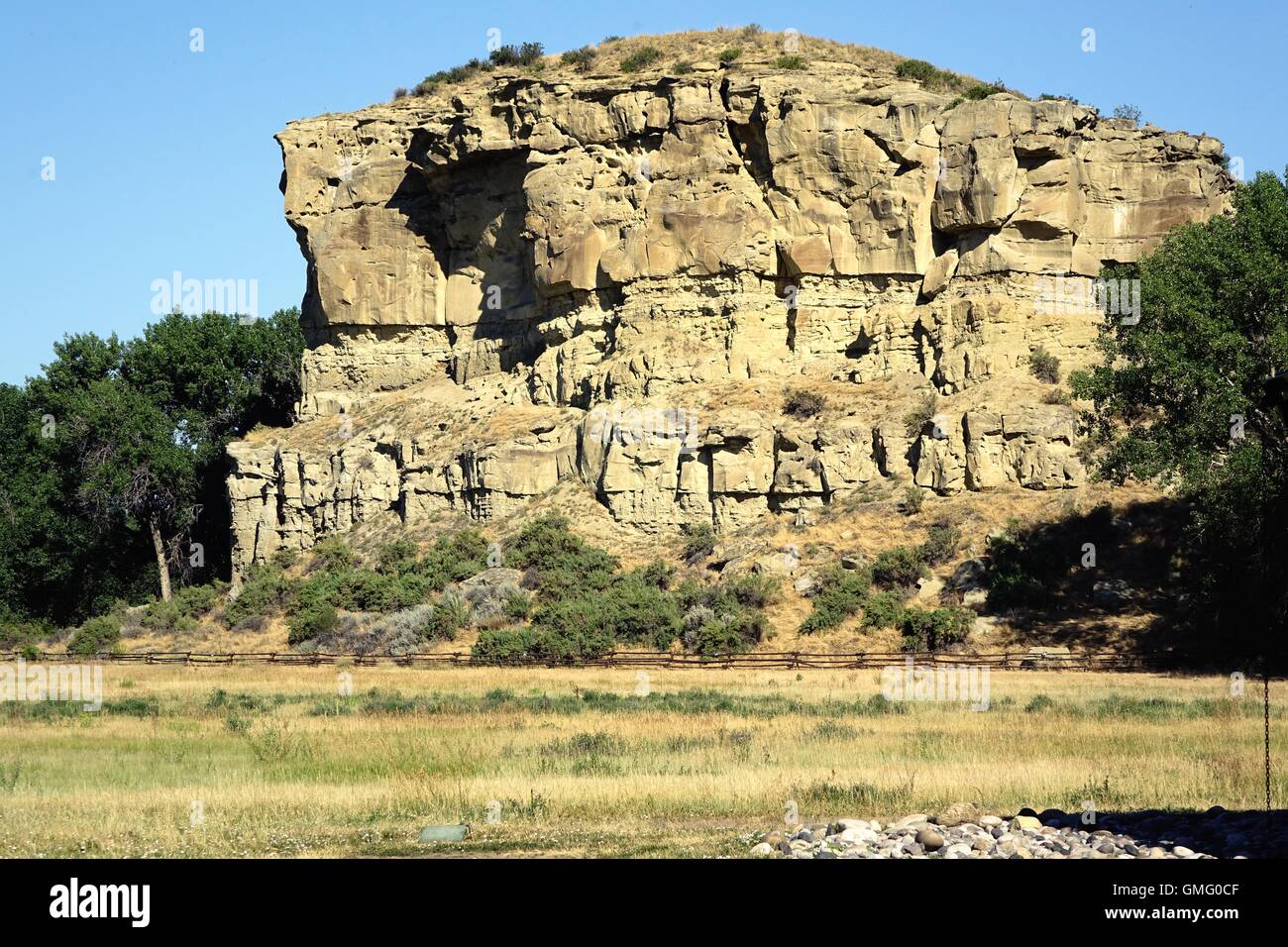 Pompeys Säule, der Fels, das National Monument benannt und erinnerte, Pompeys Säule National Monument, Montana Stockfoto