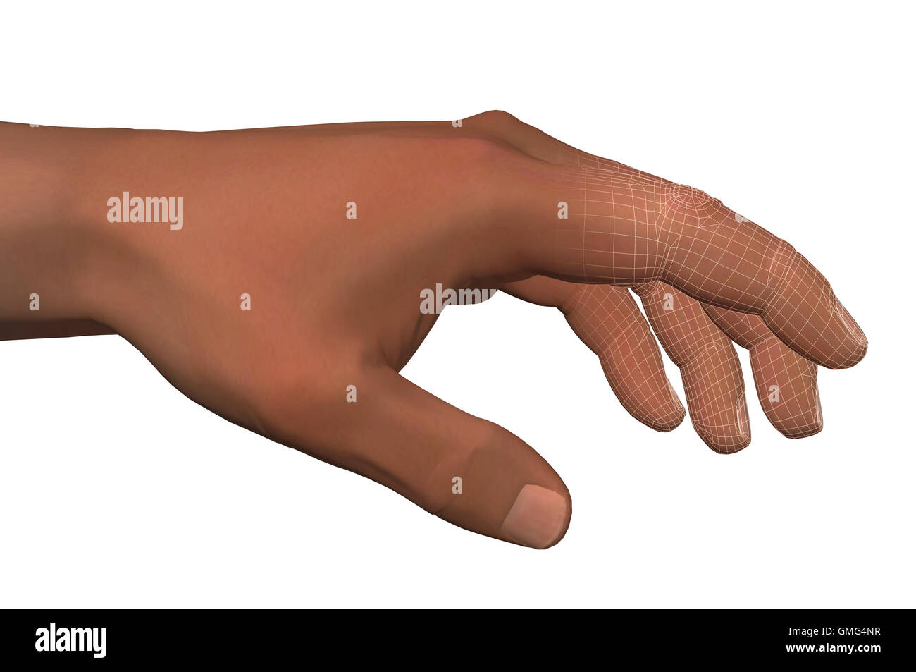 Menschliche Hand und Finger mit Draht Umriss. Künstliche Intelligenz futuristische 3d Illustration. Stockfoto