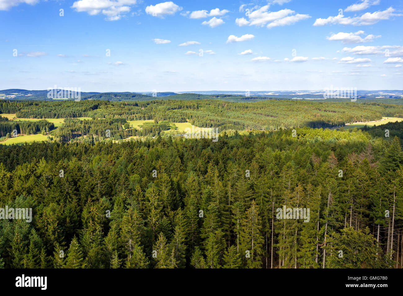Luftaufnahme von Lookout U Jakuba tschechische Landschaft als Böhmisches Kanada bekannt. Touristischer Ort. Ich betrachte den Wald, Feld und Wiesen Stockfoto
