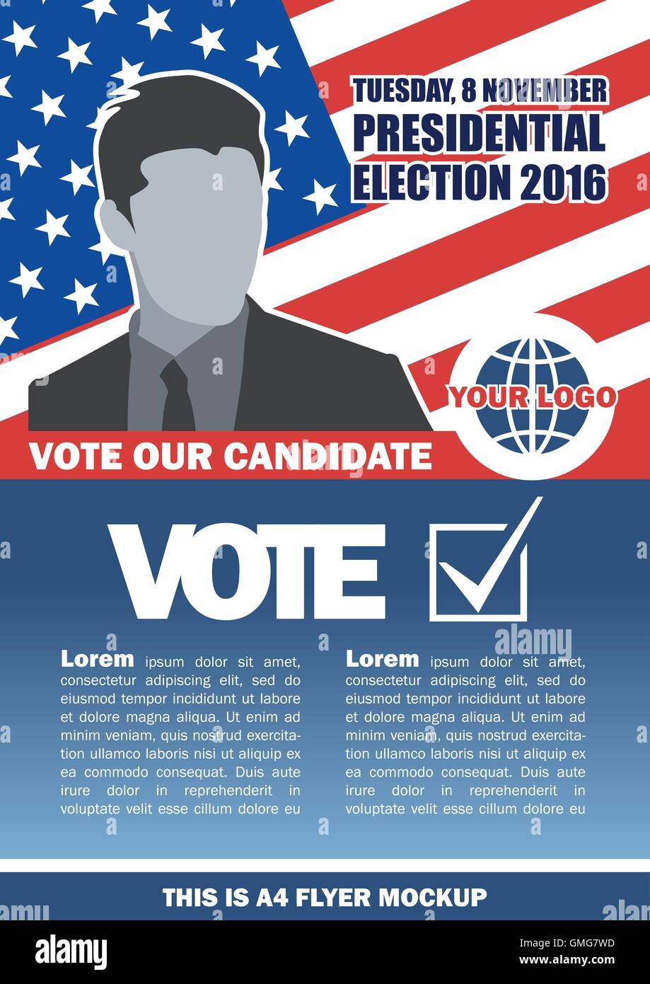 USA-2016 Wahl a4 Flyer Mockup mit Landkarte, Abstimmung Checkbox und männliche Bewerber. Digitale Vektor-Bild Stock Vektor