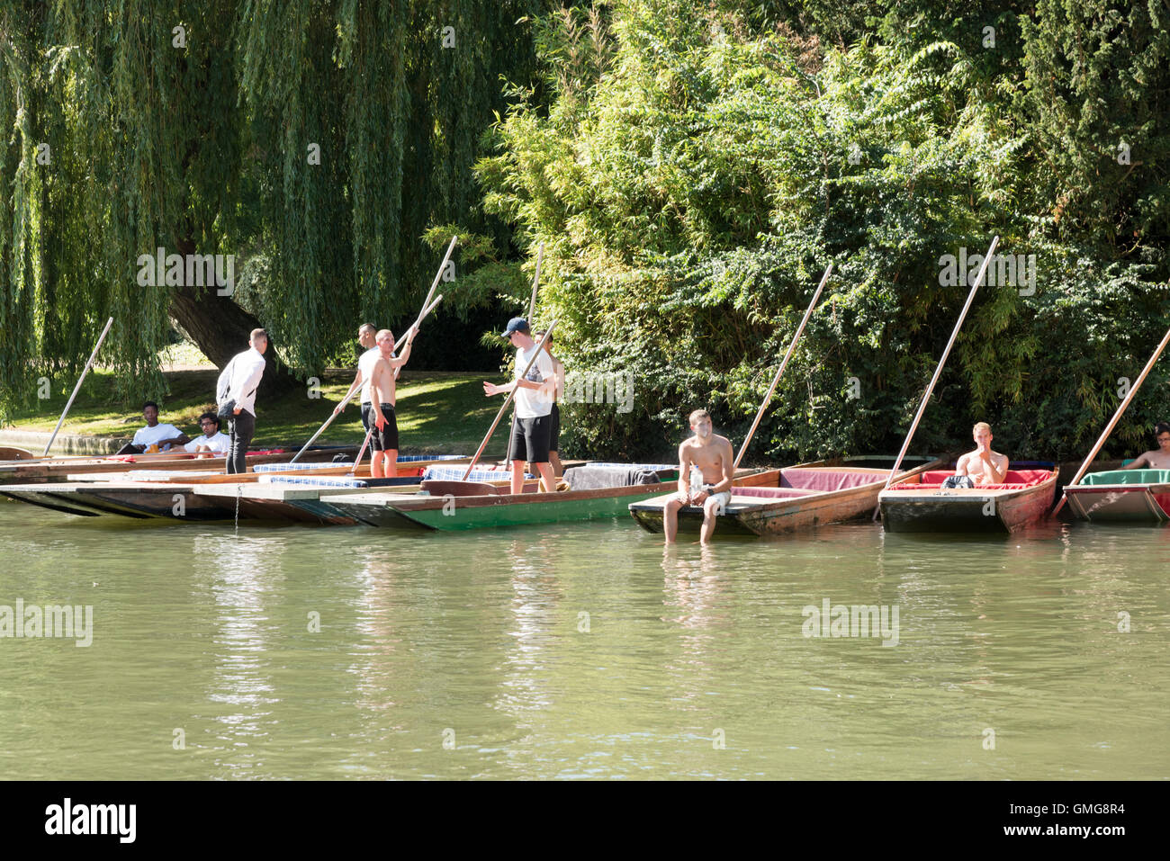 Punt Chauffeure geparkt auf ihren Booten an einem Sommertag auf dem Fluss Cam Cambridge UK warten auf Kunden Stockfoto