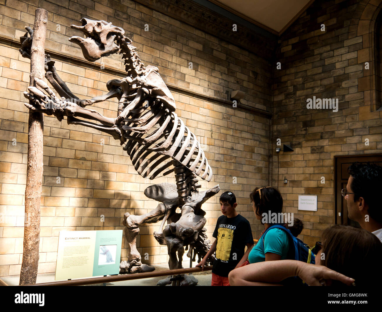 Touristen schauen Sie sich das Fossil eines riesigen Boden Faultiere - Megatherium im Natural History Museum in London Stockfoto