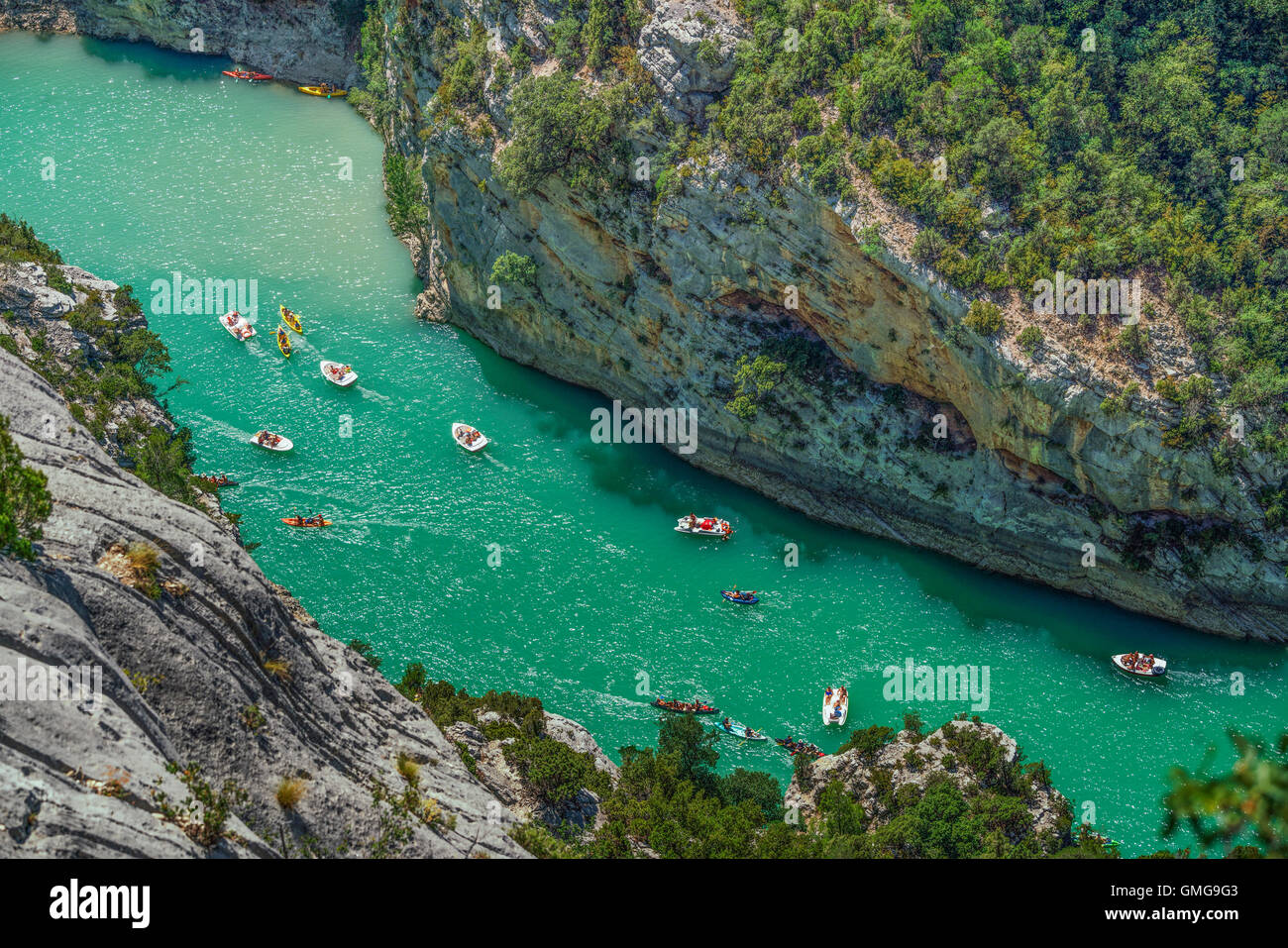 Wassersport in den Gorges du Verdon, Peddleboats, Kanu, Alpes-de-Haute-Provence, Provence-Alpes-Côte d ' Azur, Frankreich Verdon Regio Stockfoto