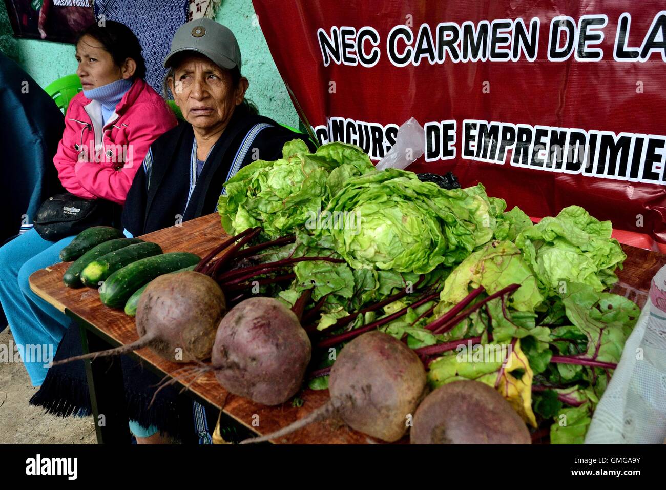 Landwirtschaftsmesse - Fiestas De La Virgen del Carmen und Fiestas Patrias (Independence Day) in Sapalache - PERU Stockfoto
