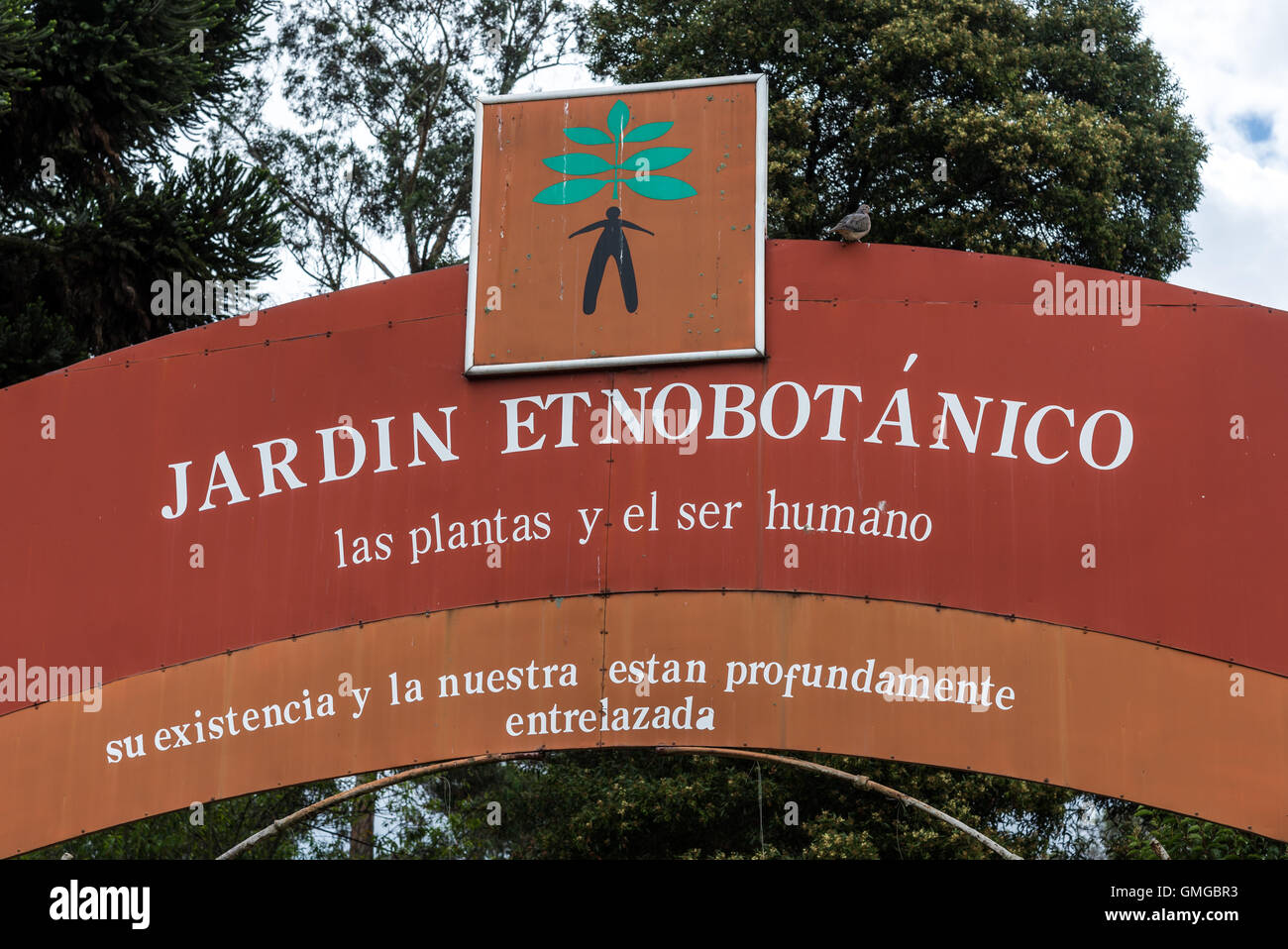 Zeichen für botanischen Garten. Quito, Ecuador. Stockfoto