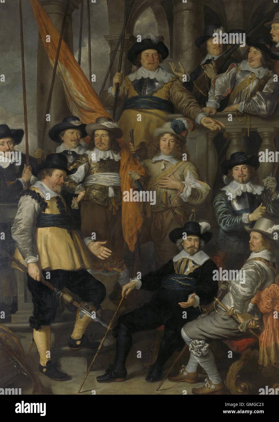 Offiziere und bewaffneten Bezirk VIII in Amsterdam von Govert Flinck, 1645, Niederländisch Ölgemälde. Kapitän Albert Bas und Leutnant Lucas Conijn sitzen am unteren rechten mit walking Stöcken in der hand. Die anderen Soldaten Pose mit Waffen und Banner (BSLOC 2016 3 125) Stockfoto