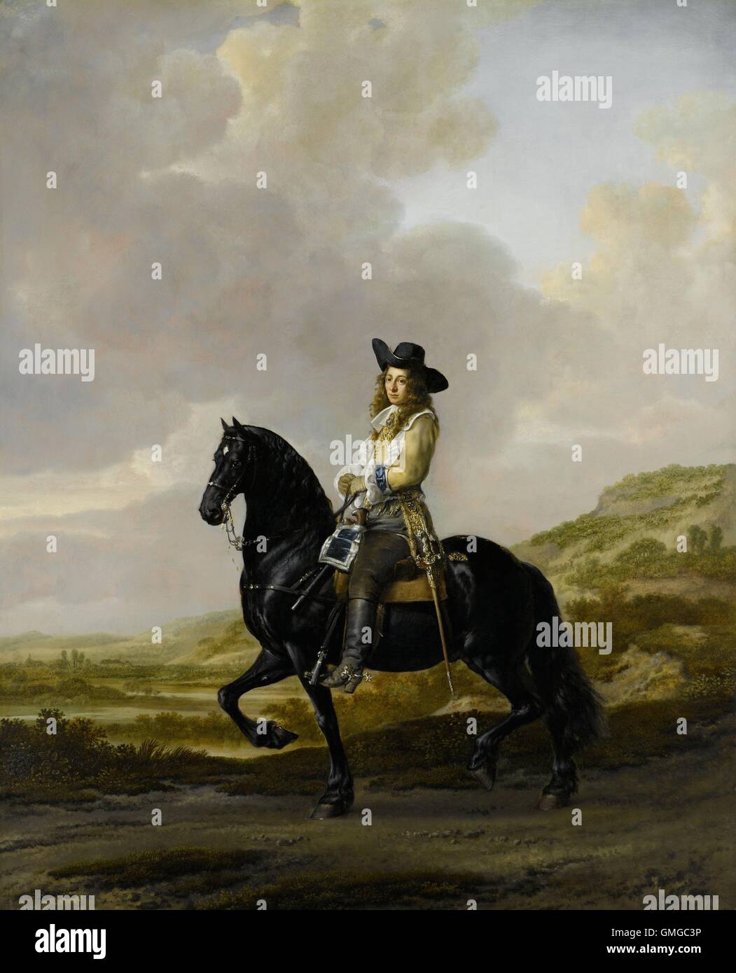 Pieter Schout auf dem Pferderücken, Thomas de Keyser, 1660, niederländische Malerei, Öl auf Kupfer. Pieter Schout, Sheriff Haugestein, Reiten in einer Dünenlandschaft (BSLOC 2016 3 134) Stockfoto