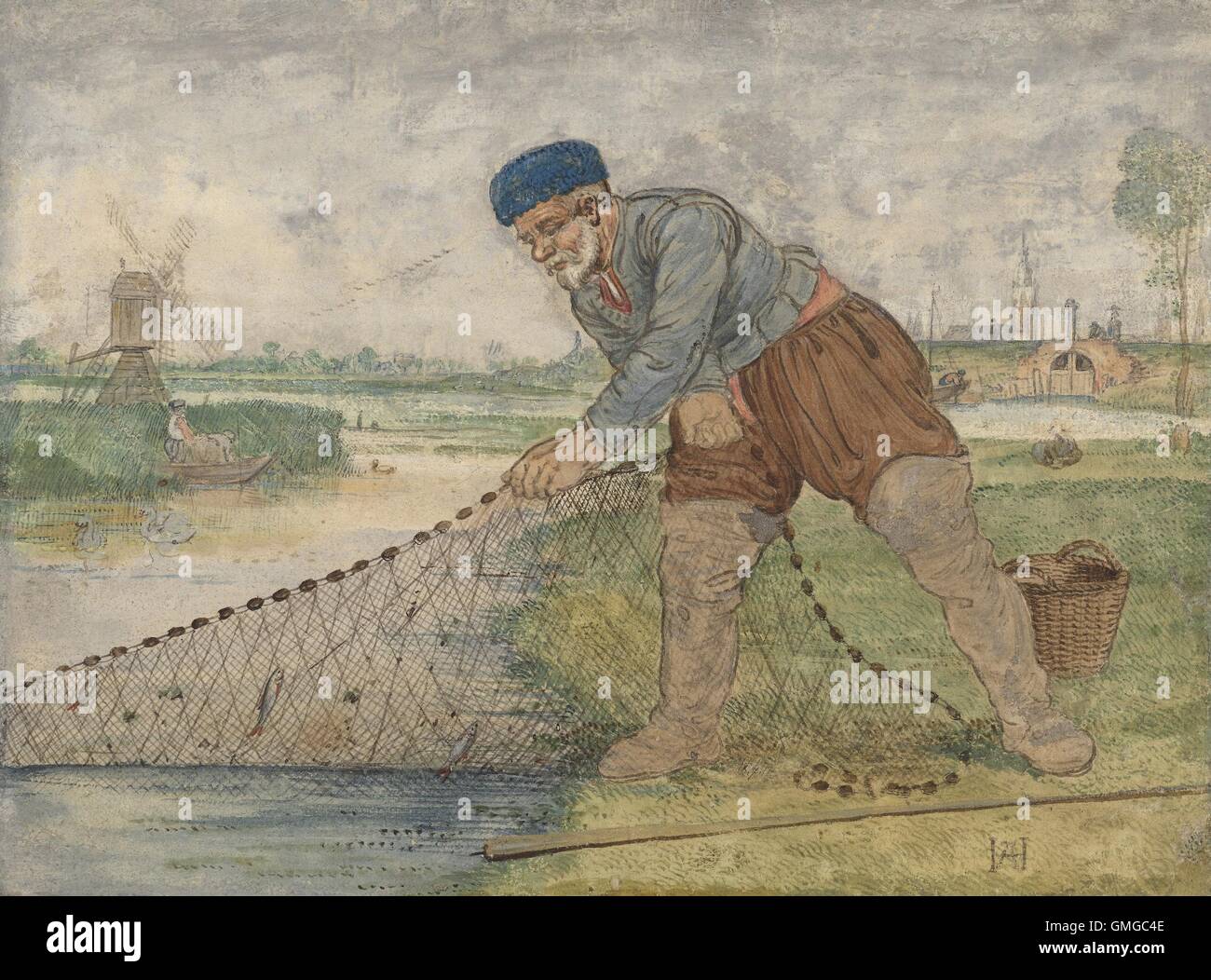 Ein Fischer in seinem Netz von Hendrick Avercamp, 1595-1634 schleppen, niederländische Malerei, Aquarell auf Papier. Fischer tragen Vollschnitt versammelt Reithosen und hohe Stiefel zieht sein Netz aus einem Kanal (BSLOC 2016 3 143) Stockfoto