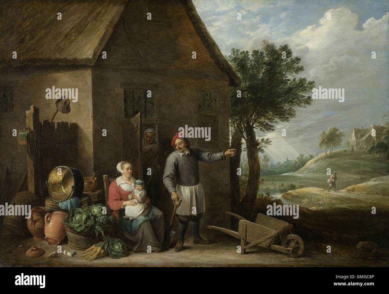 Bauer mit seiner Frau und Kind vor dem Bauernhaus, von David Teniers (II), 1640-70, Flämisch. Gemälde, Öl auf Leinwand. Ein Bauer hat einen Spaten in der Hand, und verweist auf das Recht, möglich, seine Felder. Durch das Haus sitzen seine Frau und sein Baby neben Kohl, Pastinaken und Steckrüben (BSLOC 2016 3 186) Stockfoto