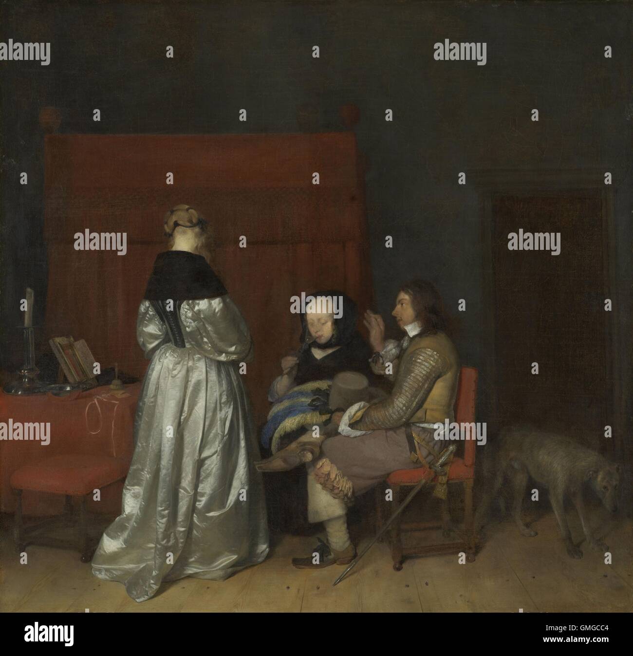 Gallant Gespräch, von Gerard ter Borch (II), 1654, niederländische Malerei, Öl auf Leinwand. Auch genannt "Die väterliche Ermahnung". A Kleider Reich stehende Frau richtet sich von jungen Mann mit einem Schwert aus seinem Gürtel hängen. Ein weiteres Frauen sitzt in der Nähe, trinken aus einem Glas (BSLOC 2016 3 229) Stockfoto