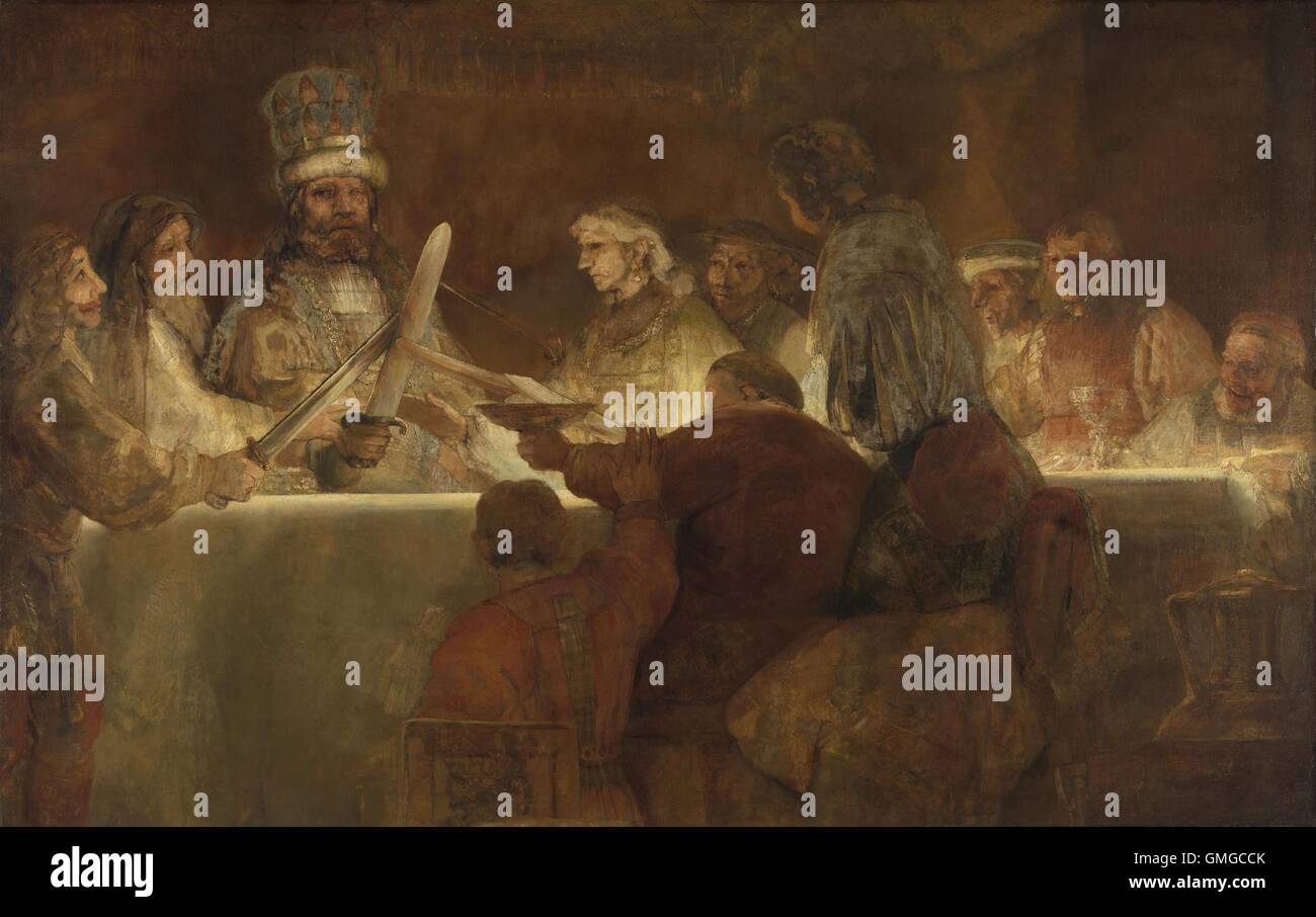 Die Verschwörung der Bataver unter Claudius Civilis, von Rembrandt, 1661-62, Niederländisch Ölgemälde. Die Batavi waren ein alter germanischer Stamm, der rund um die moderne niederländische Rheindelta gelebt. Sie wurden im Aufstand gegen die Römer durch ihre einäugige Häuptling Claudius Civilis in 69 n. Chr. geführt. Rembrandt zeigt den Moment, wenn die Bataver ihren Eid schwören, durch ihre Schwerter zusammen und heben den Becher (BSLOC_2016_3_24) Stockfoto