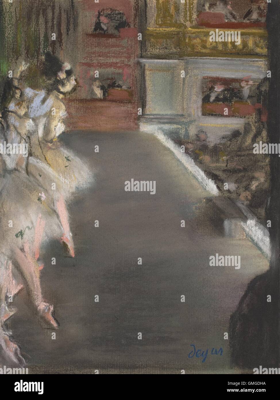 Tänzer in der alten Oper, von Edgar Degas, französischer 1877, impressionistischer Pastell. Ballett-Tänzer auf der Bühne der Oper Paris während einer Aufführung. Dieses Pastell ungewöhnlichen Zusammensetzung konzentriert sich die Tänzer auf der linken Seite, mit der leeren (BSLOC 2016 5 159) Stockfoto
