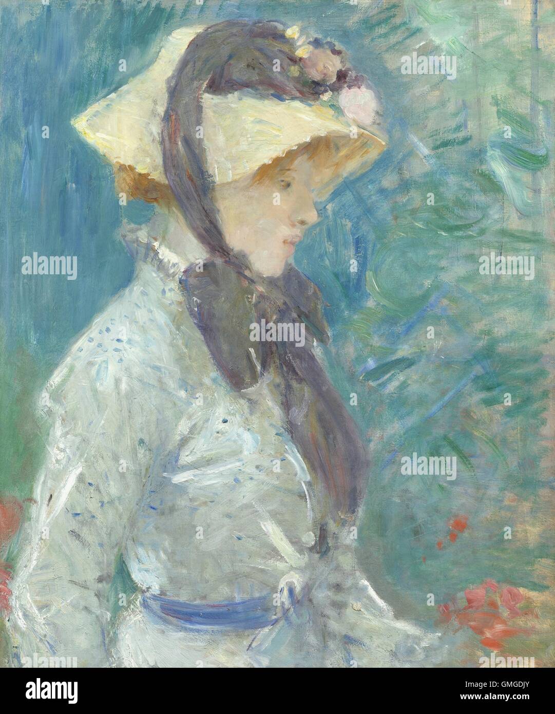Junge Frau mit einem Strohhut von Berthe Morisot, französischer 1884, impressionistischen Malerei, Öl auf Leinwand. Morisot zeigte ihre Arbeit in Stockfoto