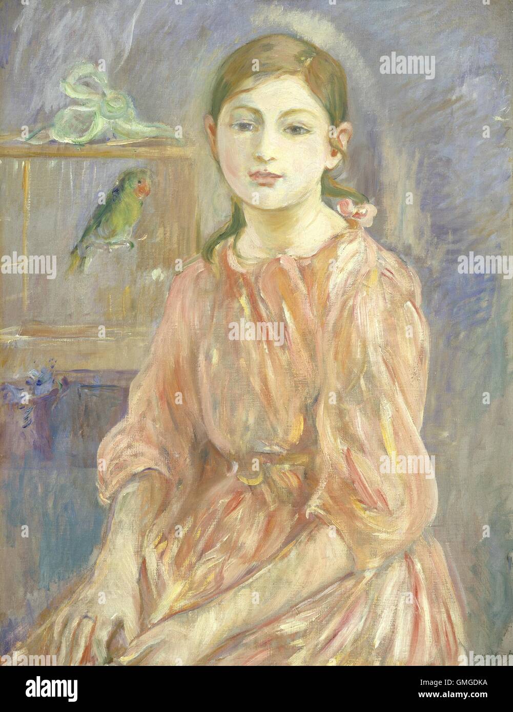 Die Tochter des Künstlers mit einem Sittich von Berthe Morisot, 1890, französischer impressionistischen Malerei, Öl auf Leinwand. Morisot studierte mit Schule von Barbizon Maler Camille Corot, wer ihr beigebracht wie man "En Plein Air" zu malen. Sie heiratete auch Manetss Brühe (BSLOC 2016 5 169) Stockfoto