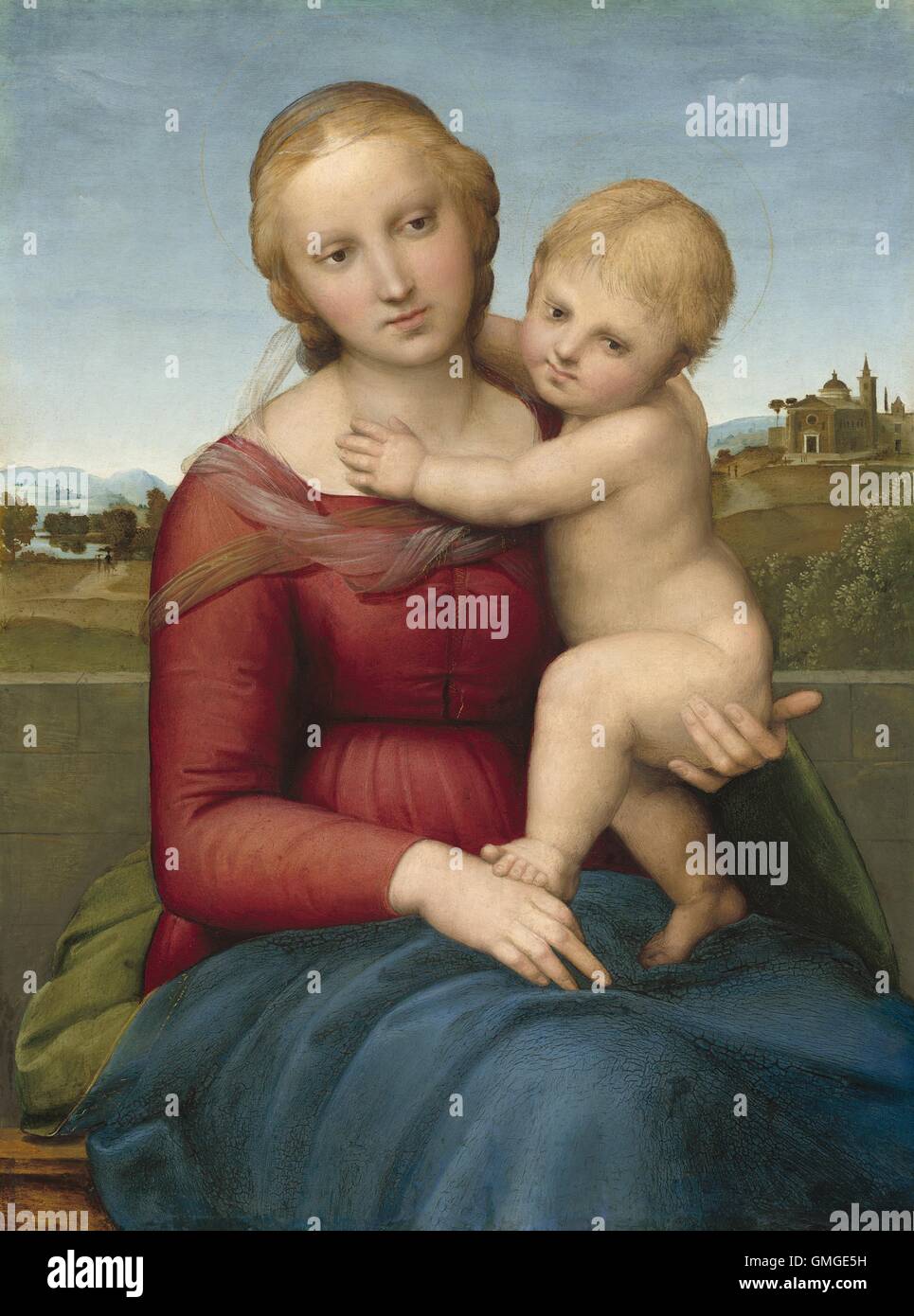 Die kleine Cowper Madonna von Raffael, c. 1505, italienischen Renaissance Malerei, Öl auf Holz. Raffael malte dieses klassischen Renaissance Madonna mit Kind in Florenz. Die Zahlen Interlock Pose zeigt den Einfluss von Leonardo Da Vinci (BSLOC 2016 5 3) Stockfoto