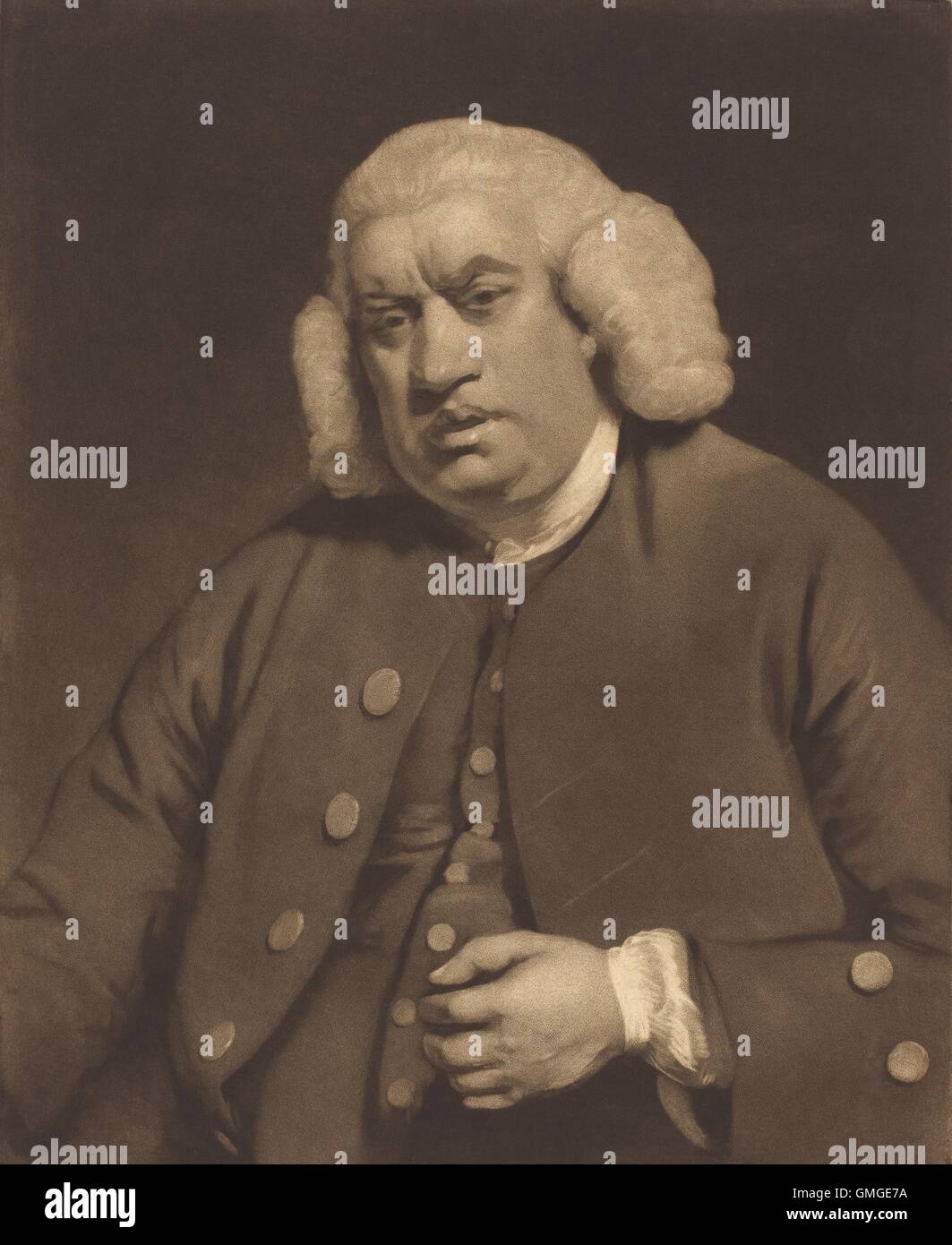 Samuel Johnson, Mezzotinto durch William Doughty nach 1772 Gemälde von Sir Joshua Reynolds. Dr. Johnson war ein englischer Dichter, Essayist, Moralist, Literaturkritiker, Biograf, Editor und Lexikograph (BSLOC_2016_5_50) Stockfoto
