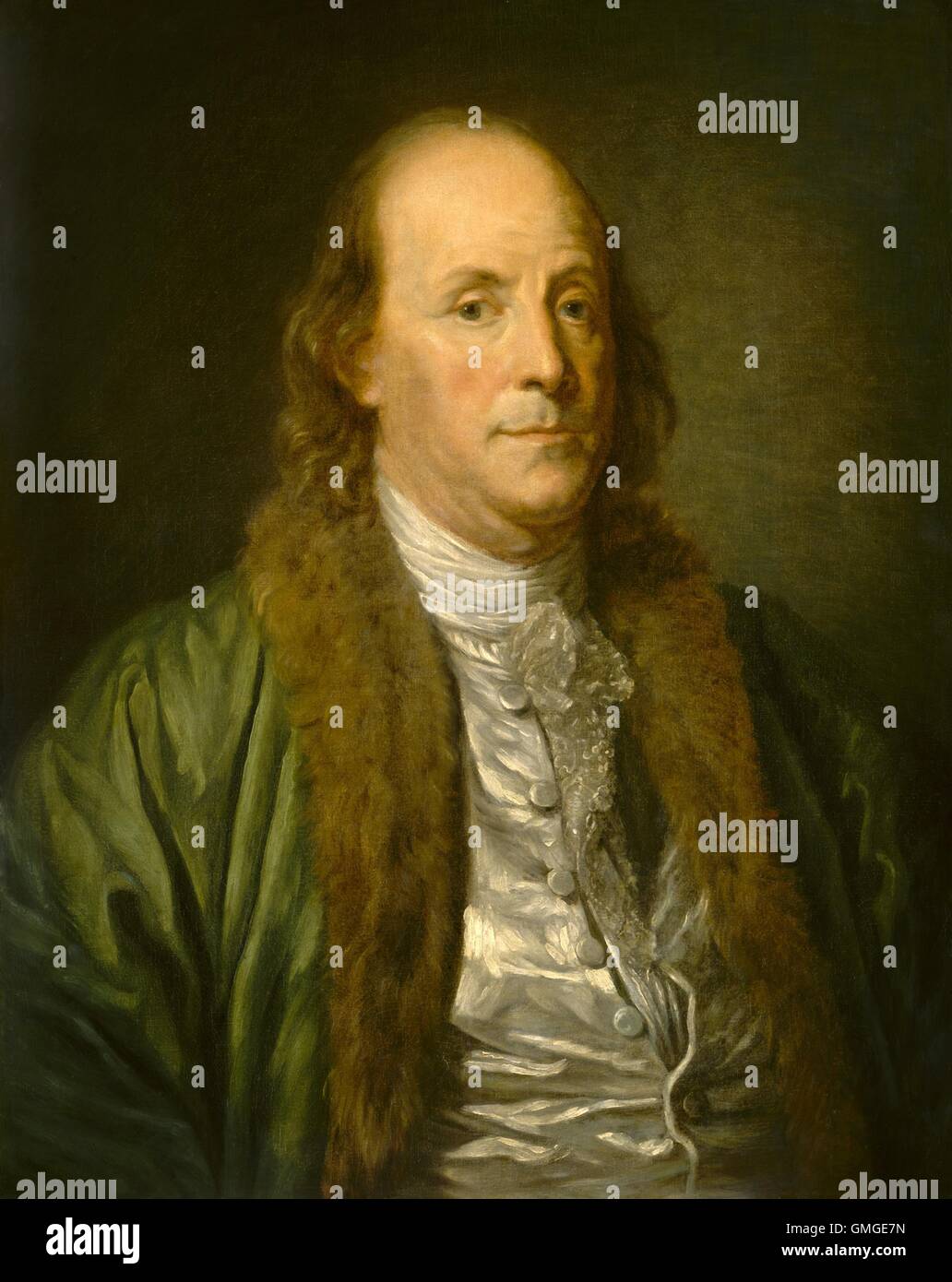 Benjamin Franklin, von Jean-Baptiste Greuze (Kopie) 1777, französische Malerei, Öl auf Leinwand. Franklin setzte für den Maler Jean-Baptiste Greuze 1777, bald nach seiner Ankunft in Frankreich, wo er eine nationale Berühmtheit (BSLOC 2016 5 57) wurde Stockfoto