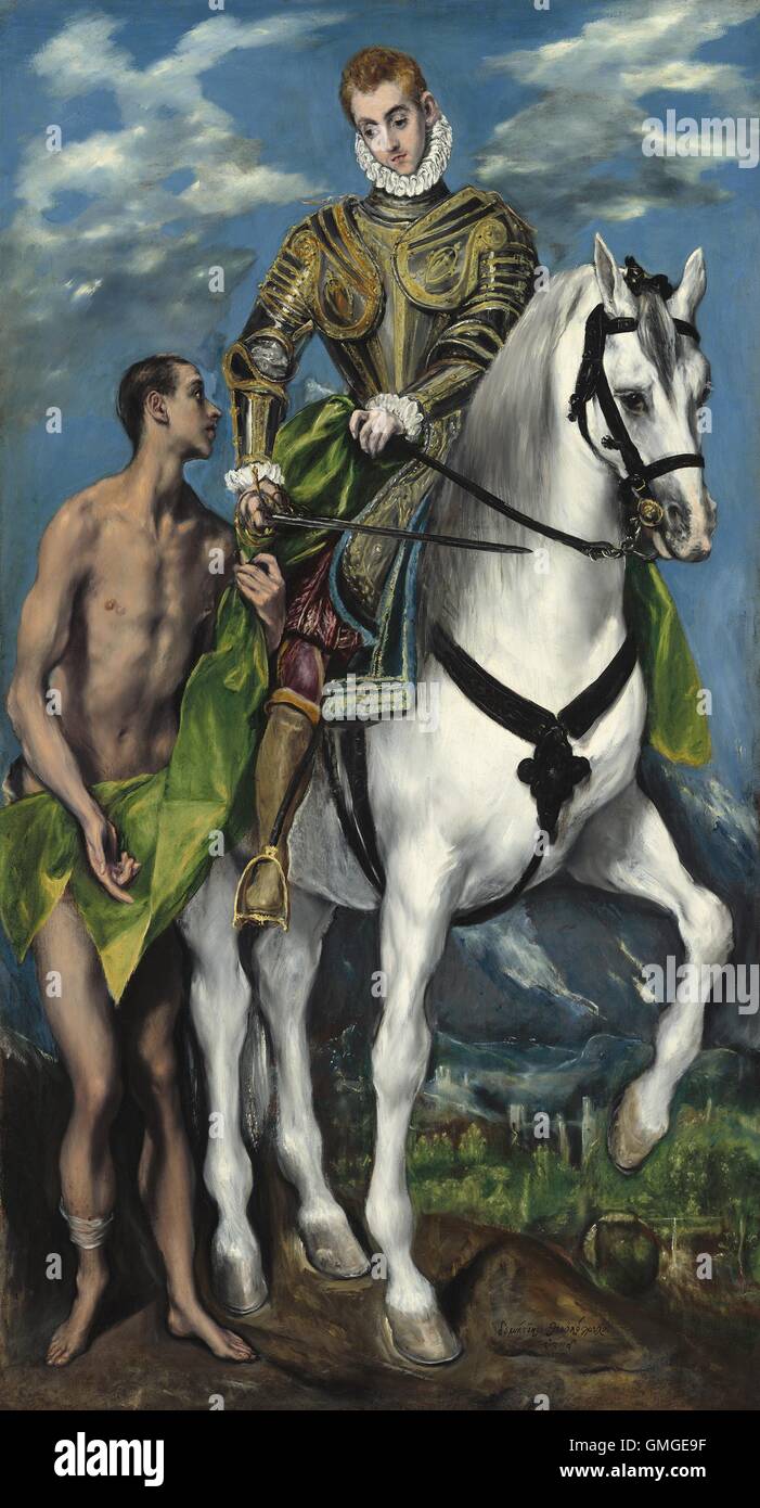 Der Heilige Martin und der Bettler, von El Greco, 1597-99, spanischen Renaissance Malerei, Öl auf Leinwand. Martin von Tours, schneidet als Soldat im Roman France, seinen Mantel in zwei Hälften zu teilen es mit einem Bettler. Christus erschien Martin im Traum, tragen die behelfsmäßige c (BSLOC 2016 5 8) Stockfoto