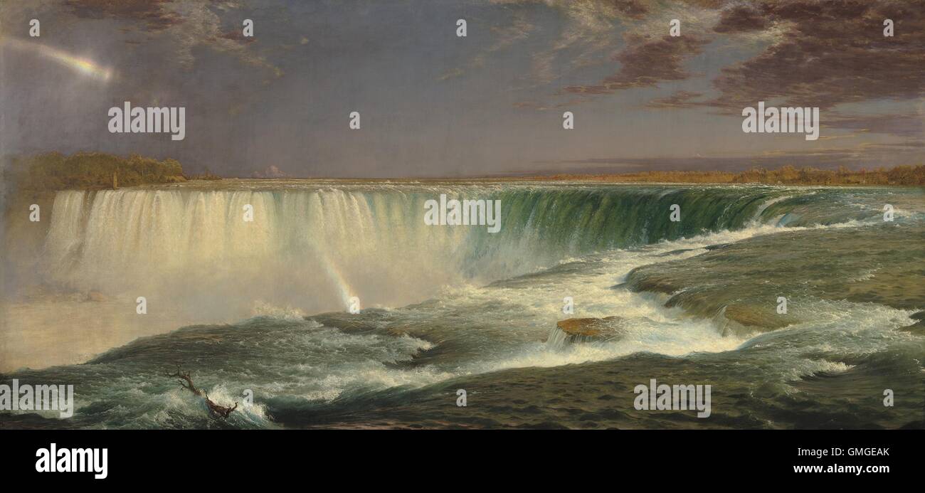 Niagara, von Frederic Edwin Church, 1857, amerikanische Malerei, Öl auf Leinwand. Durch die Verwendung einer Panorama-Formats und Beseitigung im Vordergrund, zieht Kirche den Betrachter ins Wasser und großen Maßstab des Niagara (BSLOC 2016 5 91) Stockfoto