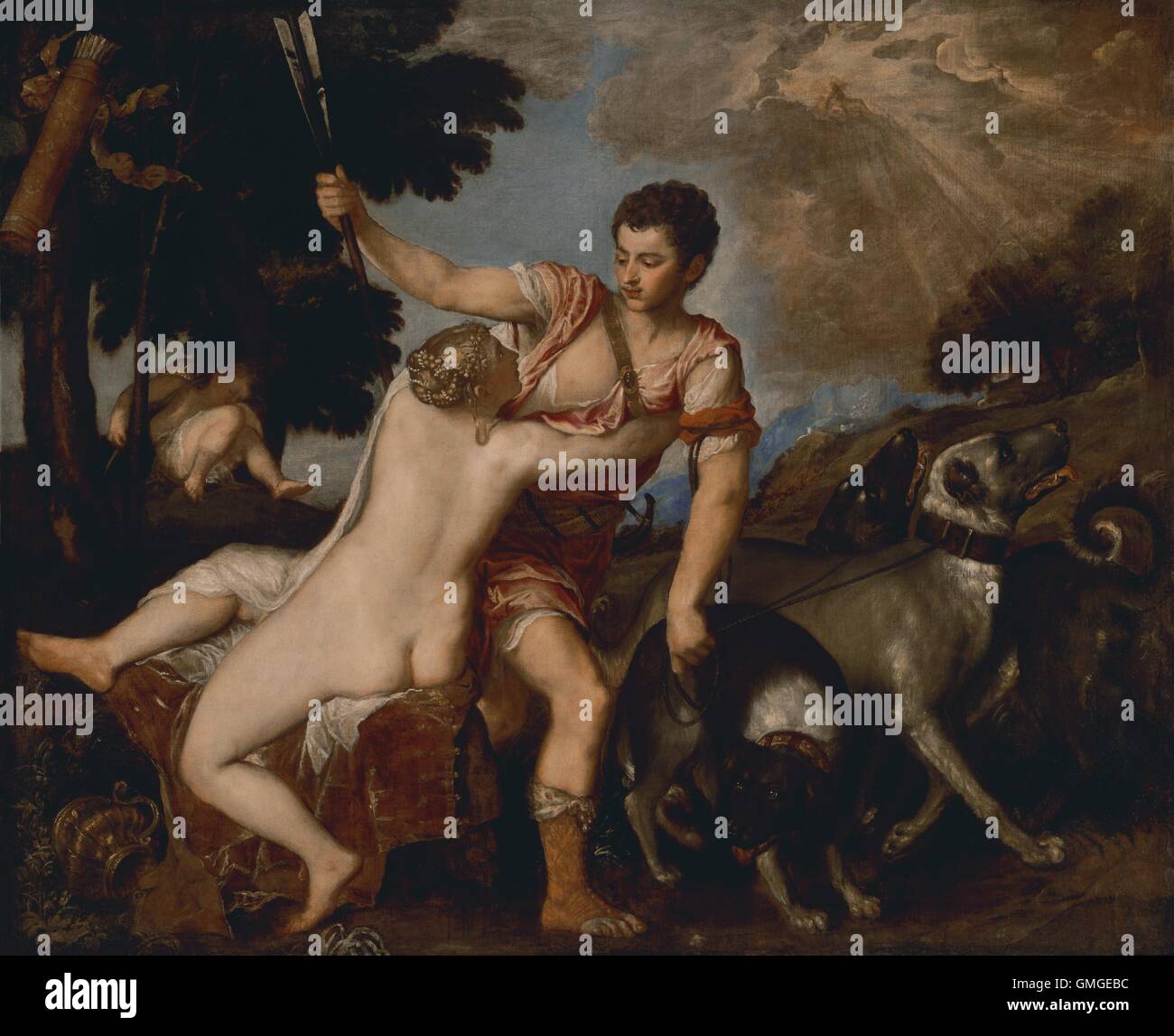 Venus und Adonis, von Tizian, c. 1555, italienischen Renaissance Malerei, Öl auf Leinwand. Die Göttin Venus versucht, ihren geliebten Adonis zurückhalten aus geht auf die Jagd. Szene basiert auf alten römischen Dichters Ovids "Metamorphosen", in dem die sterblichen Adonis Fatall (BSLOC 2016 6 1 ist) Stockfoto